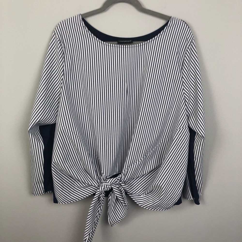 Lane Bryant blue and white stripe tie front top